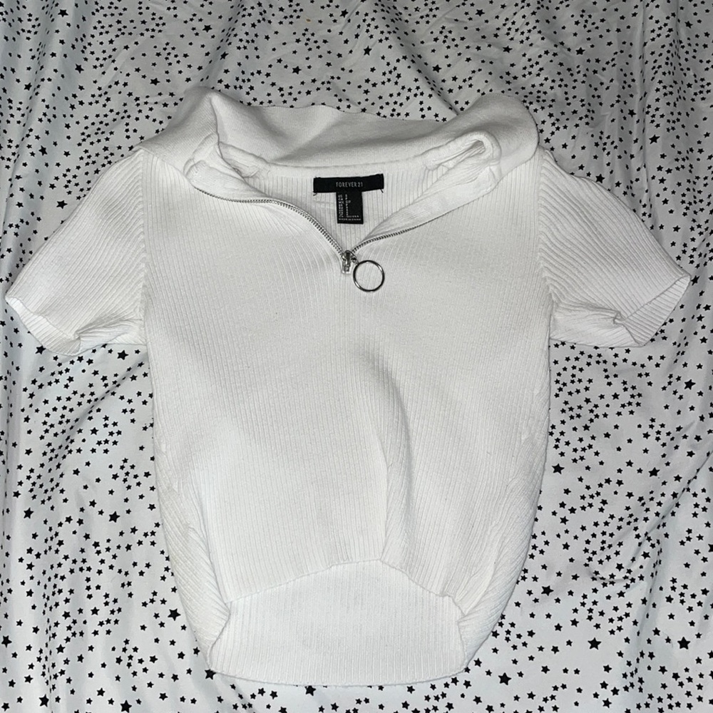 White Collared Quarter Zip Crop Top